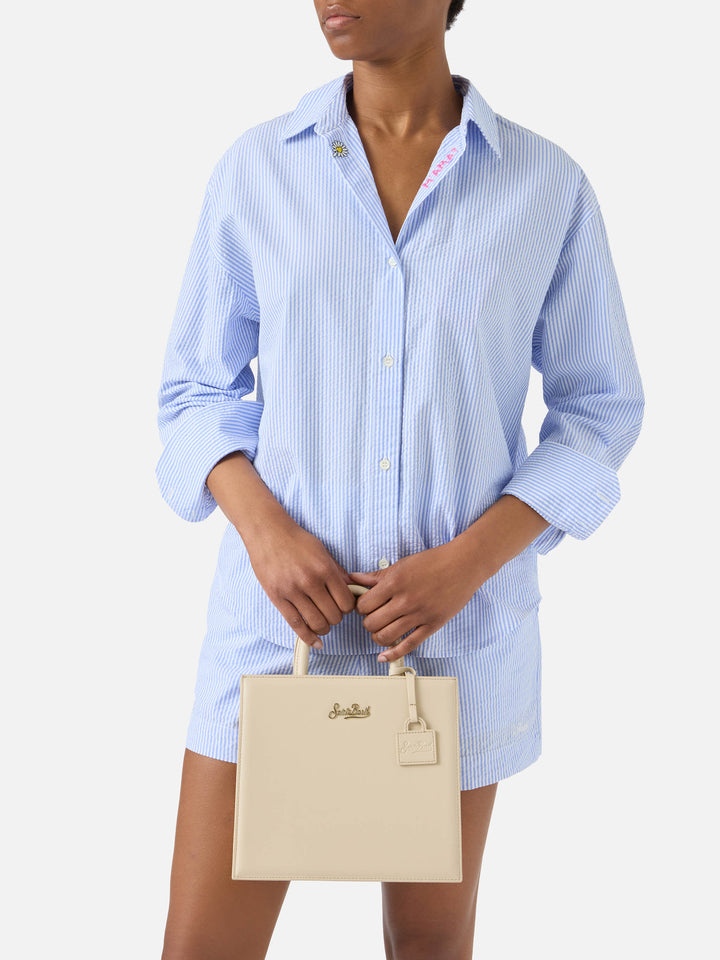 Structured Shop Midi bag in ivory smooth leather with metal tag