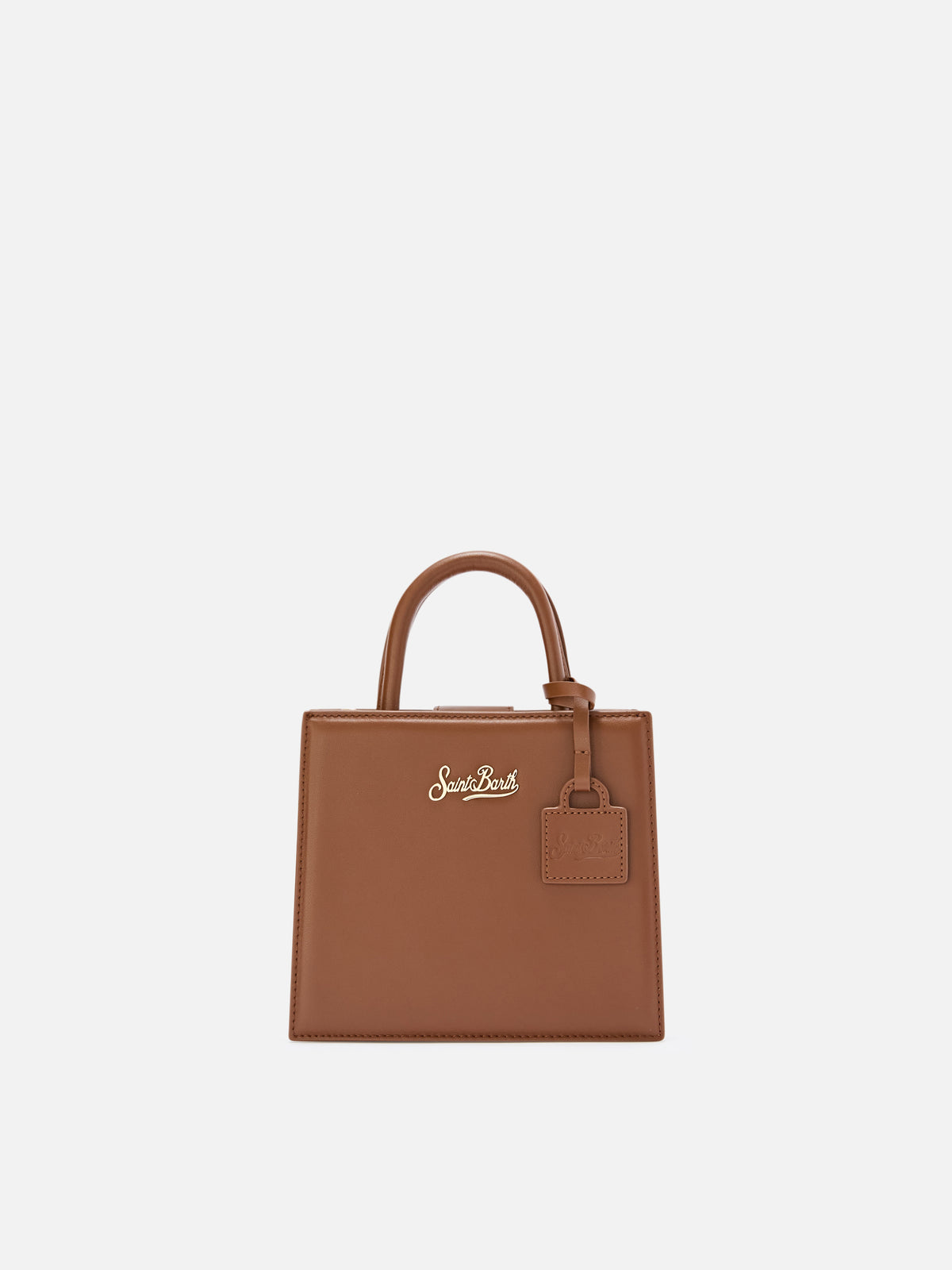 Borsa Mini Shop marrone in pelle con scritta logo