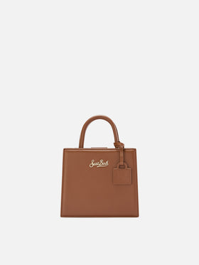 Borsa Mini Shop marrone in pelle con scritta logo