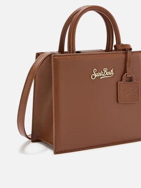 Borsa Mini Shop marrone in pelle con scritta logo