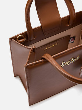 Borsa Mini Shop marrone in pelle con scritta logo