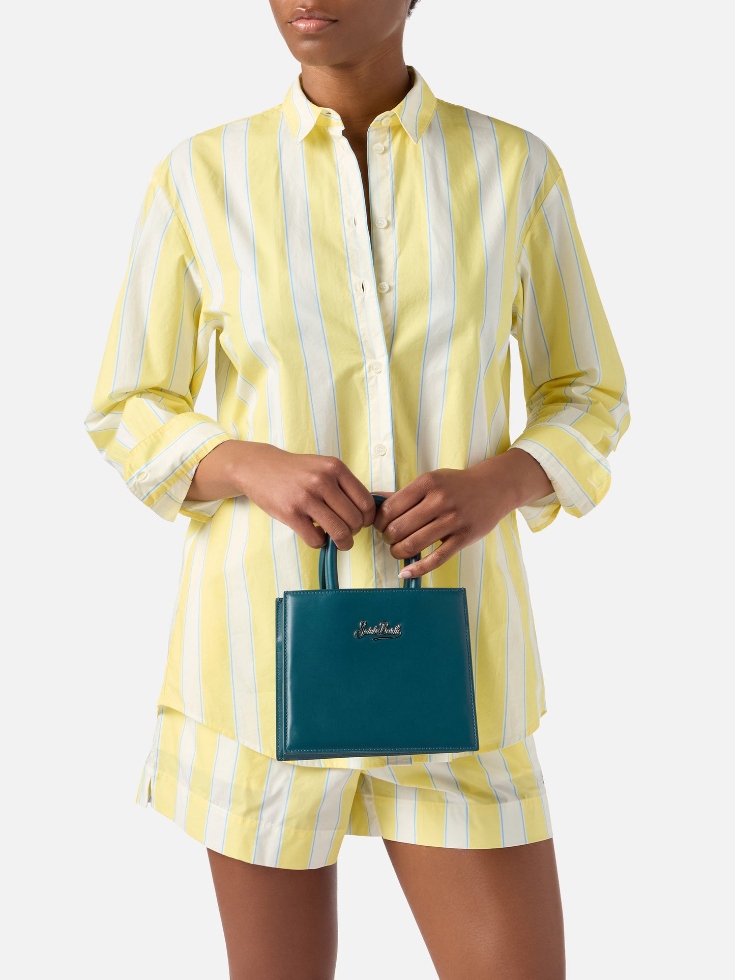 Structured Shop mini bag in teal green smooth leather with metal tag