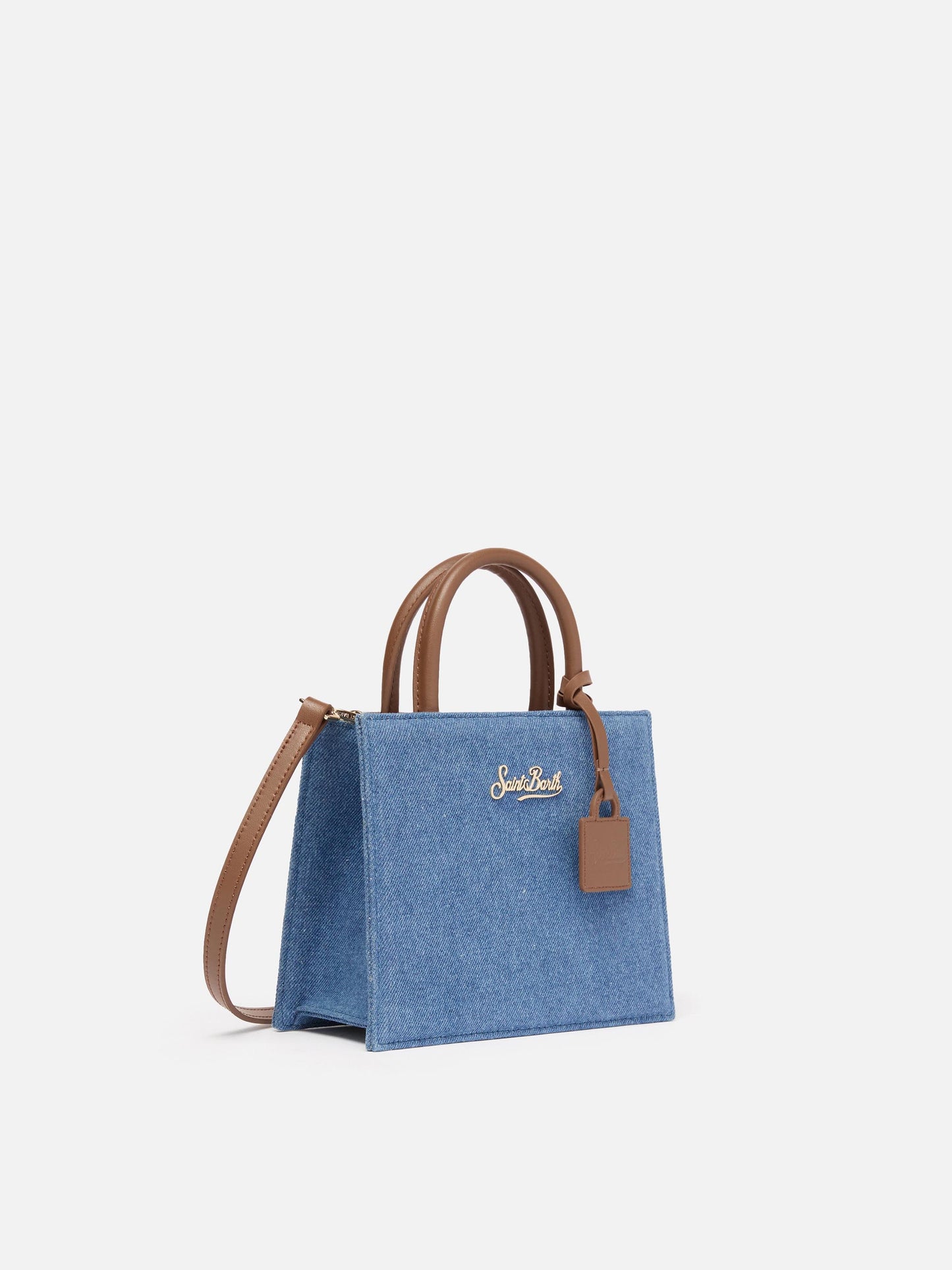 Shop Bag Mini in denim con dettagli in pelle
