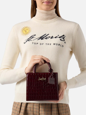 Shop Bag Mini Handtasche aus burgunderrotem Leder mit Krokodilprägung