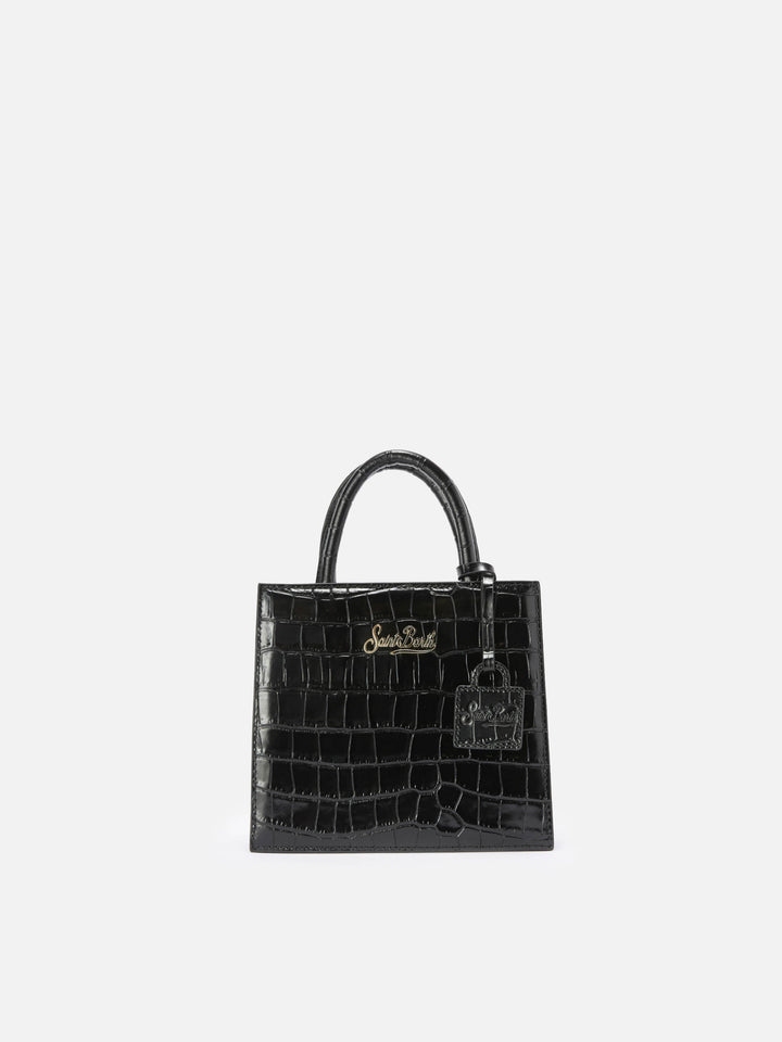 Mini sac de shopping noir en cuir imprimé croco 