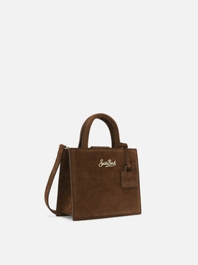 Braune Mini Shopper-Bag aus Wildleder mit Logo-Schriftzug 
