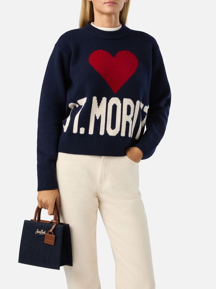 Bolso Mini Shop de denim oscuro en piel con paneles de denim 