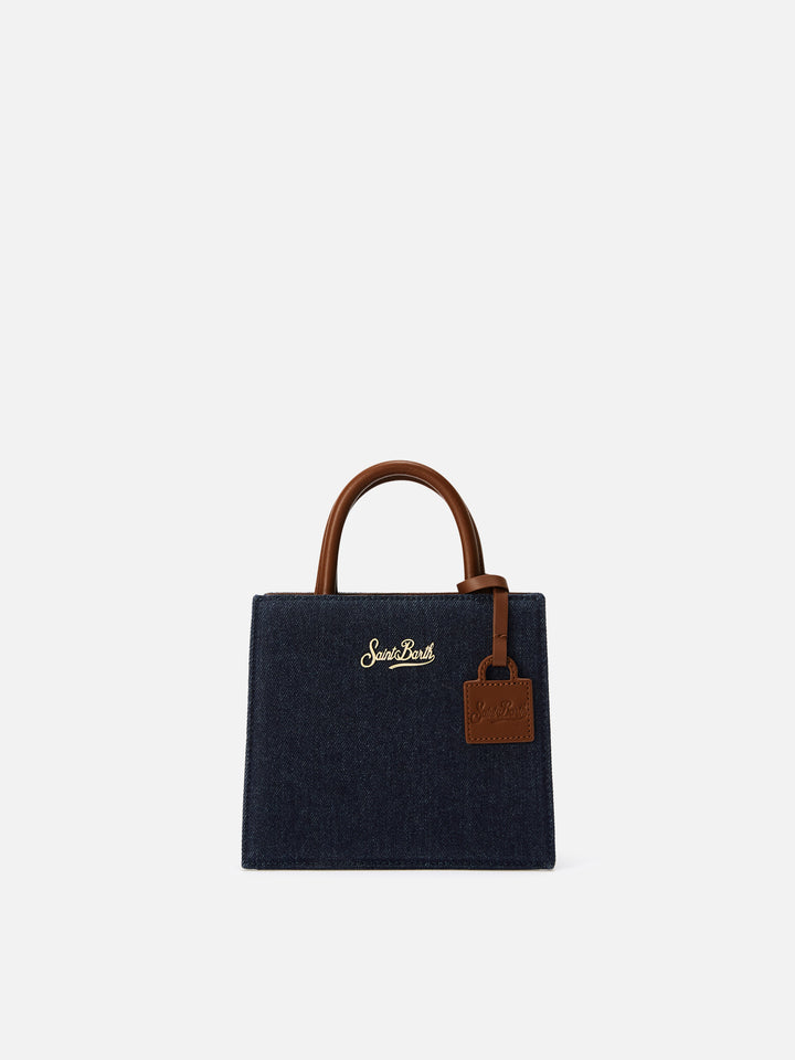 Borsa Mini Shop in denim scuro in pelle con pannelli denim