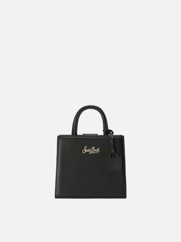 Mini sac Structured Shop en cuir lisse noir avec plaque logo en métal 