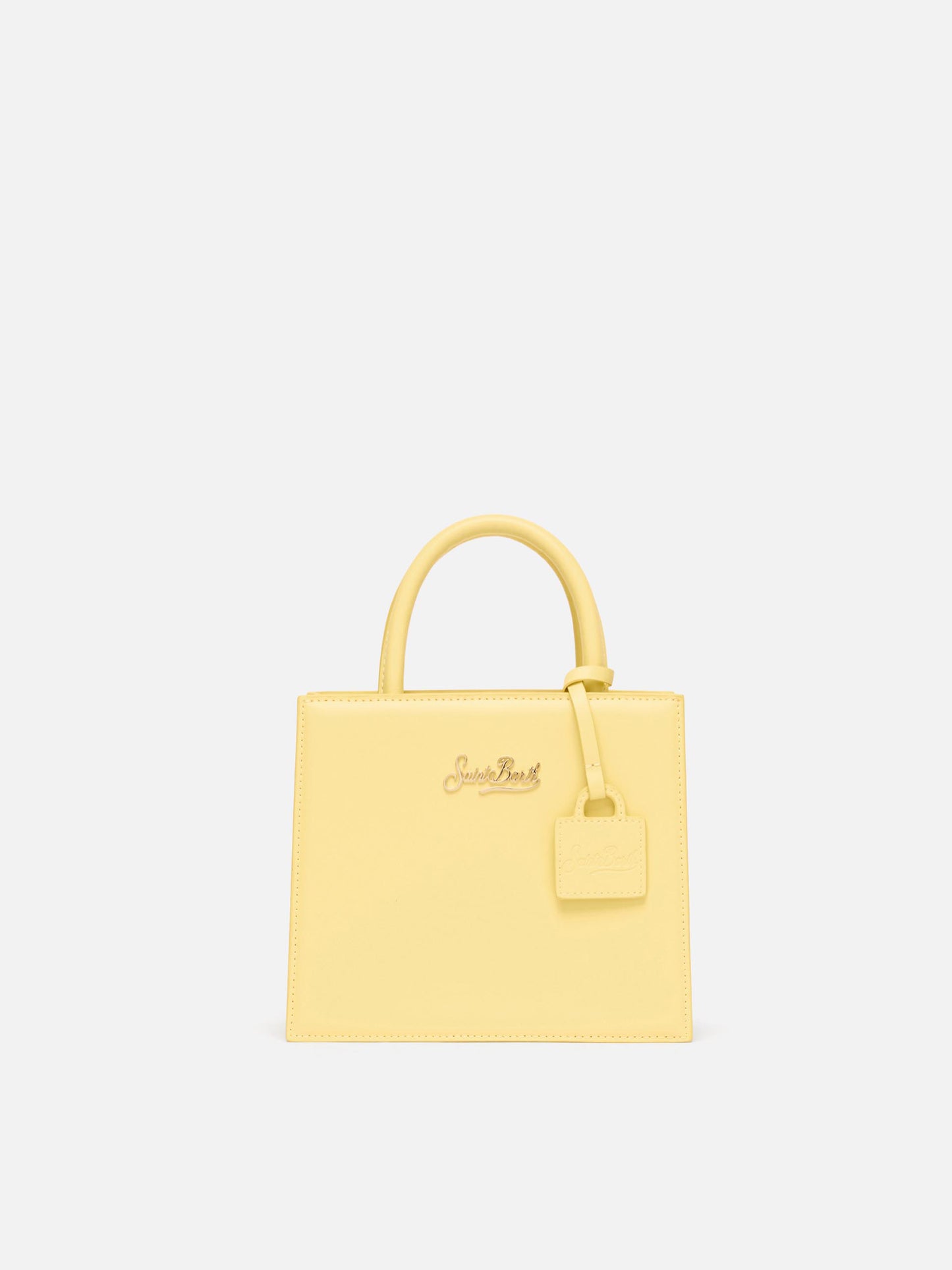 Structured Shop mini bag in butter yellow smooth leather with metal tag