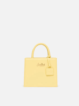 Structured Shop mini bag in butter yellow smooth leather with metal tag