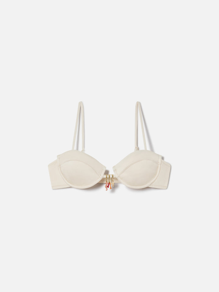 Top de bikini balconette Salina en tejido beige con acabado brillante y charms 