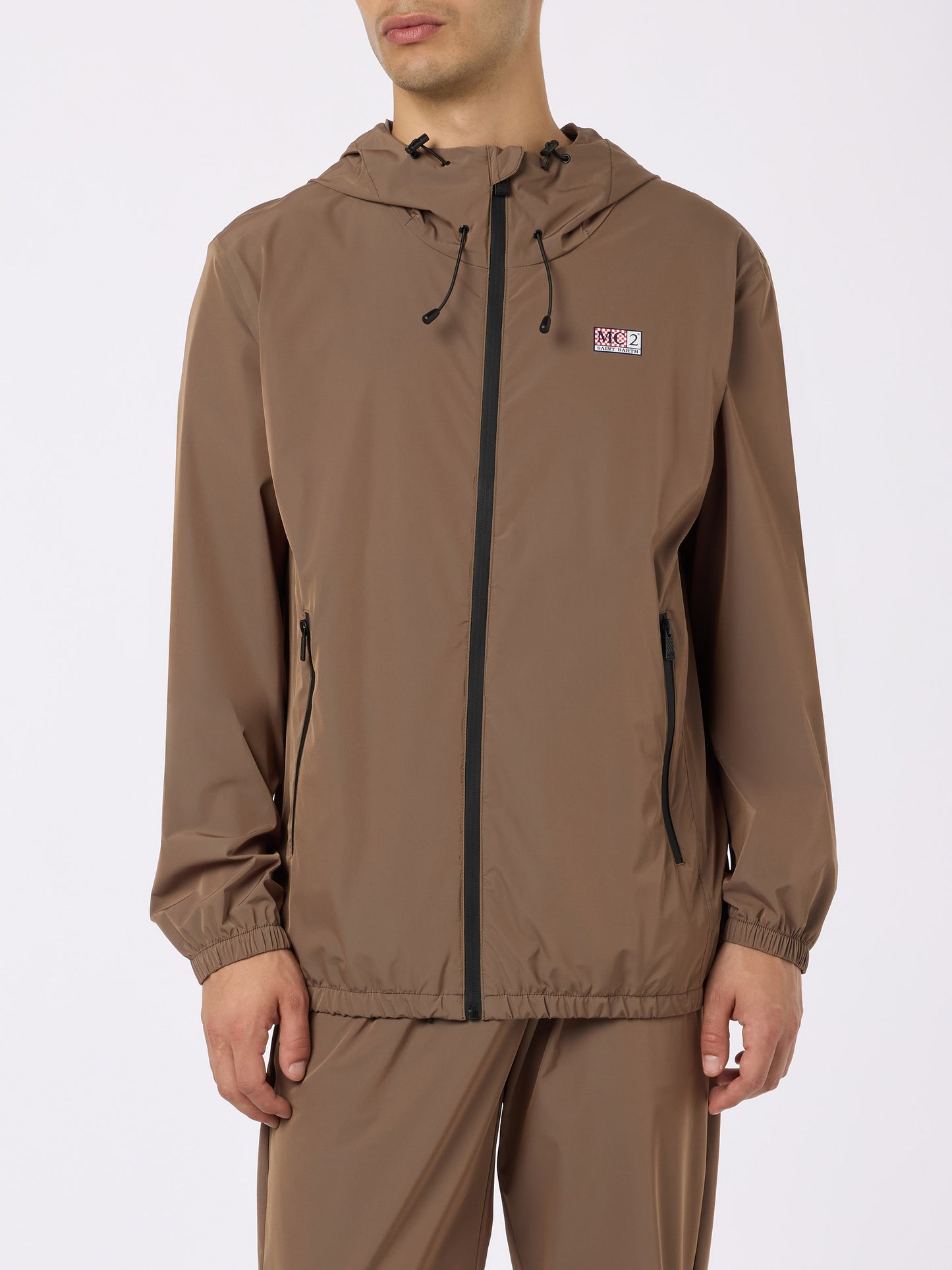 Man hooded lightweight khaki green fabric windbreaker Sloop - MC2 Saint Barth