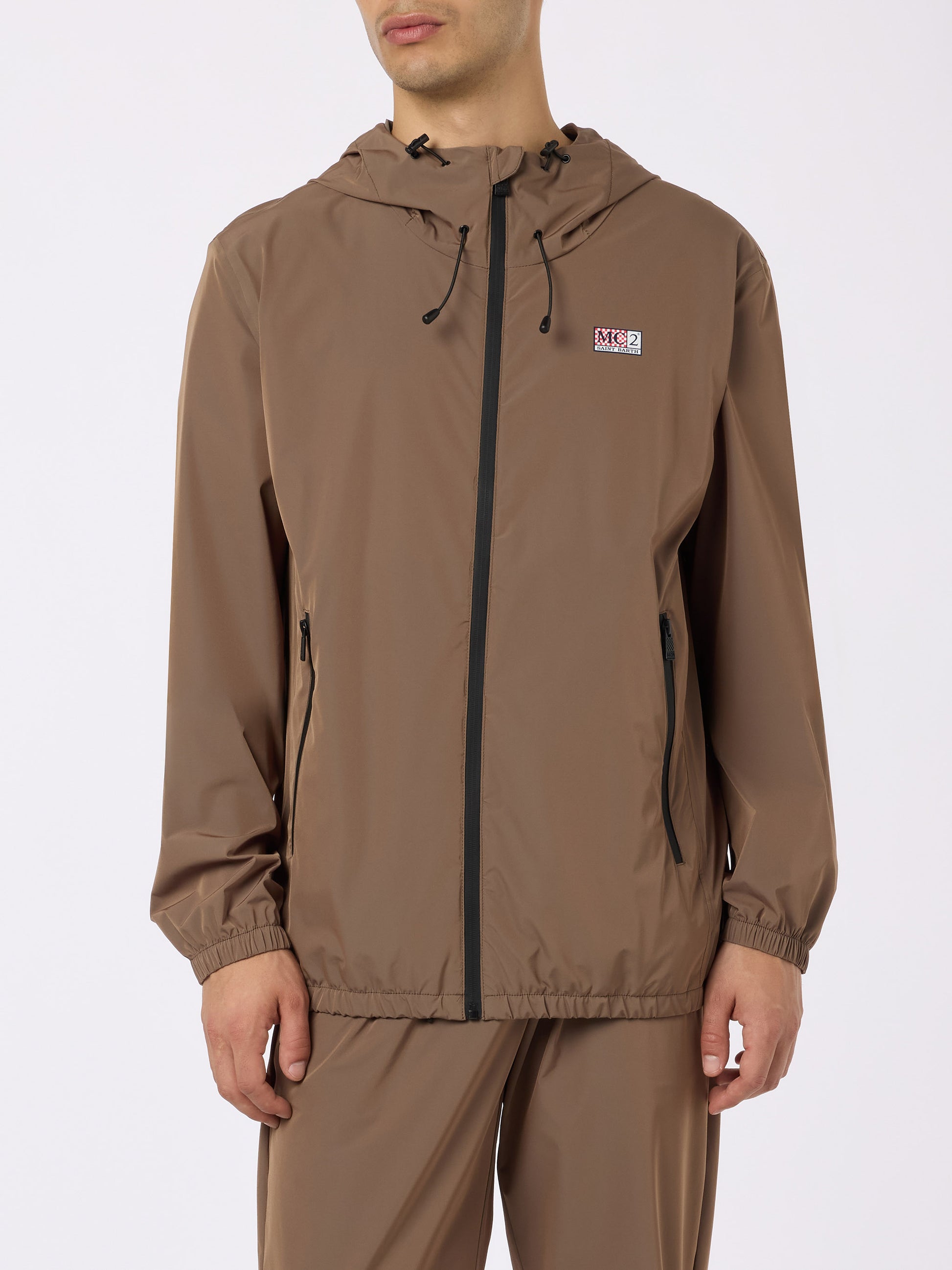 Man hooded lightweight khaki green fabric windbreaker Sloop - MC2 Saint Barth