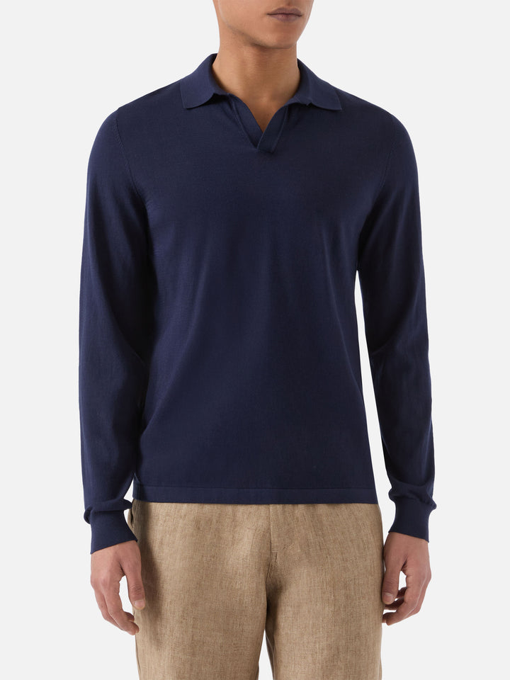Sloan long-sleeve solid blue polo in premium high-twist cotton