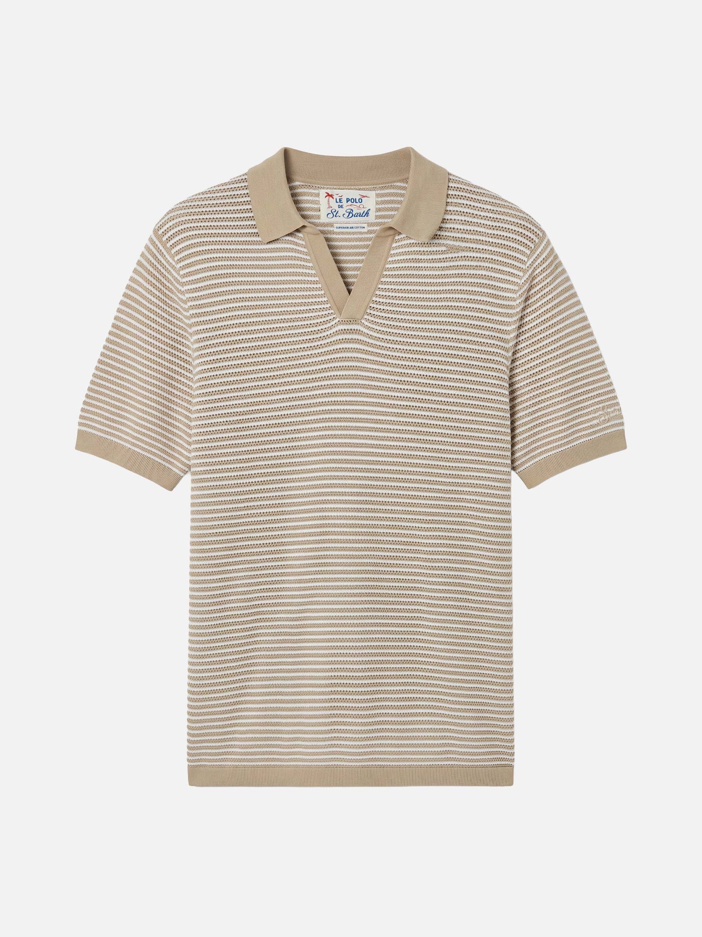 Sloan striped polo in premium high-twist cotton with beige stripes
