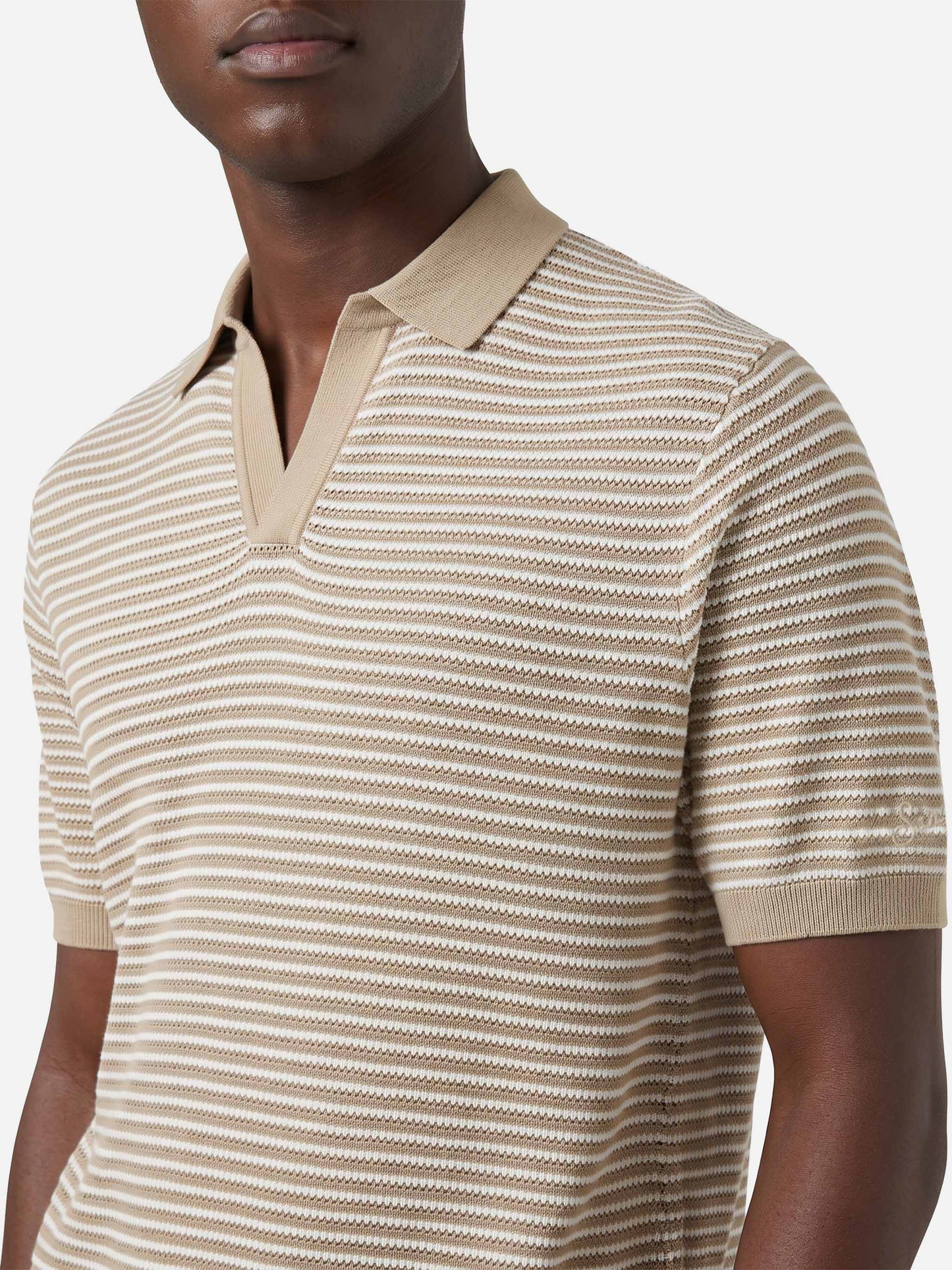 Sloan striped polo in premium high-twist cotton with beige stripes
