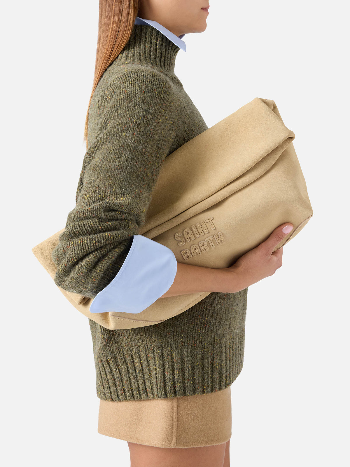 Pochette Maxi beige in camoscio con patch logo