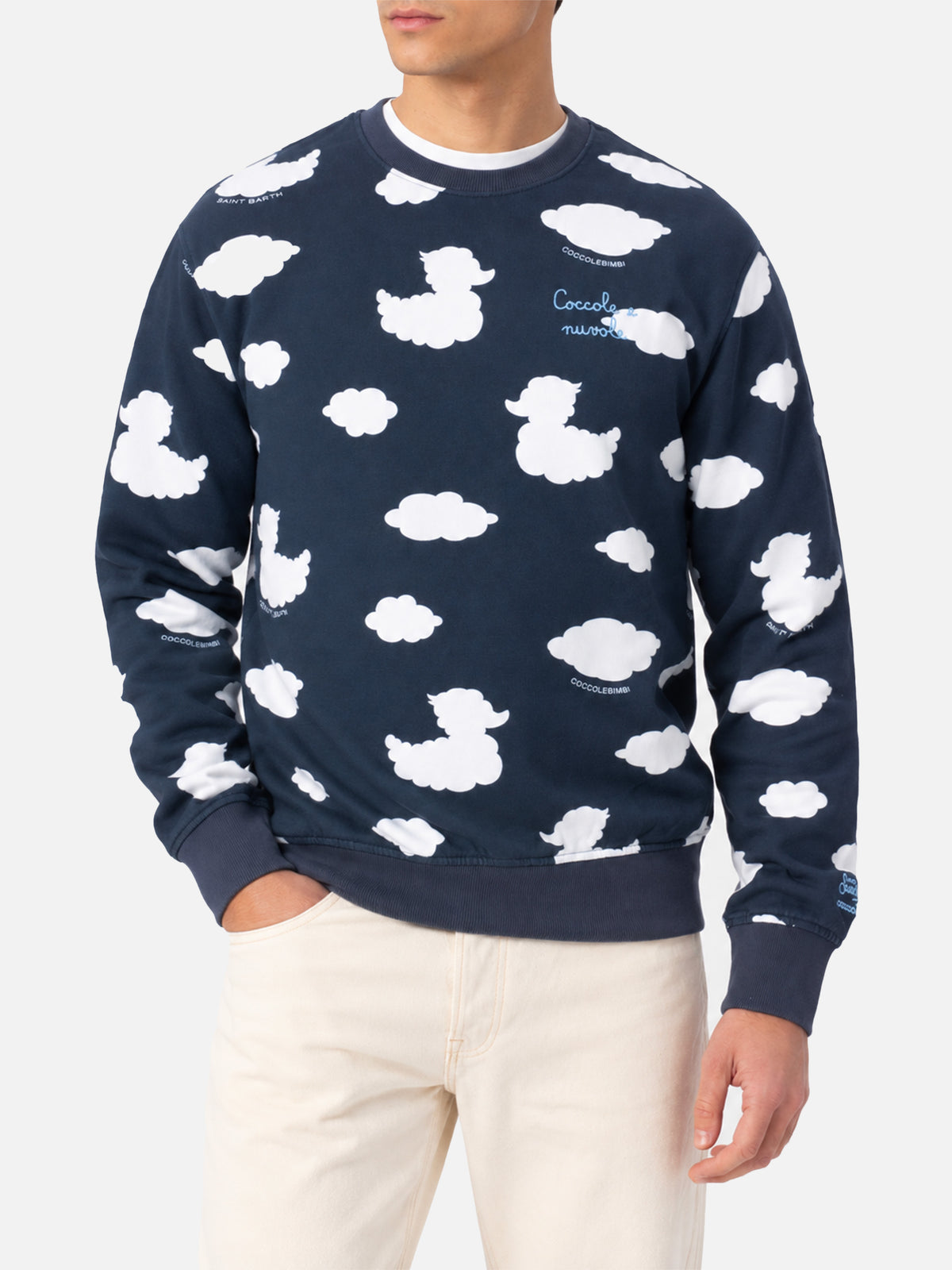 Sweat-shirt bleu à col rond avec broderie Coccole e nuvole | COCCOLEBIMBI SPECIAL EDITION 