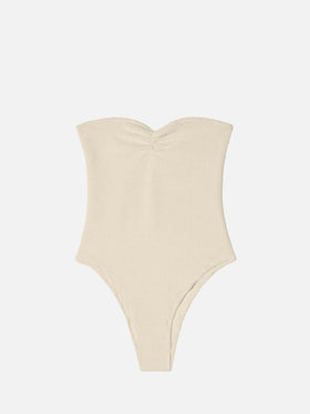 Costume intero crinkle senza spalline Soleil in beige
