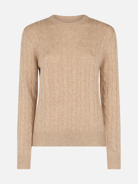 Women beige cable-knit cashmere blend sweater Sorbonne - MC2 Saint Barth