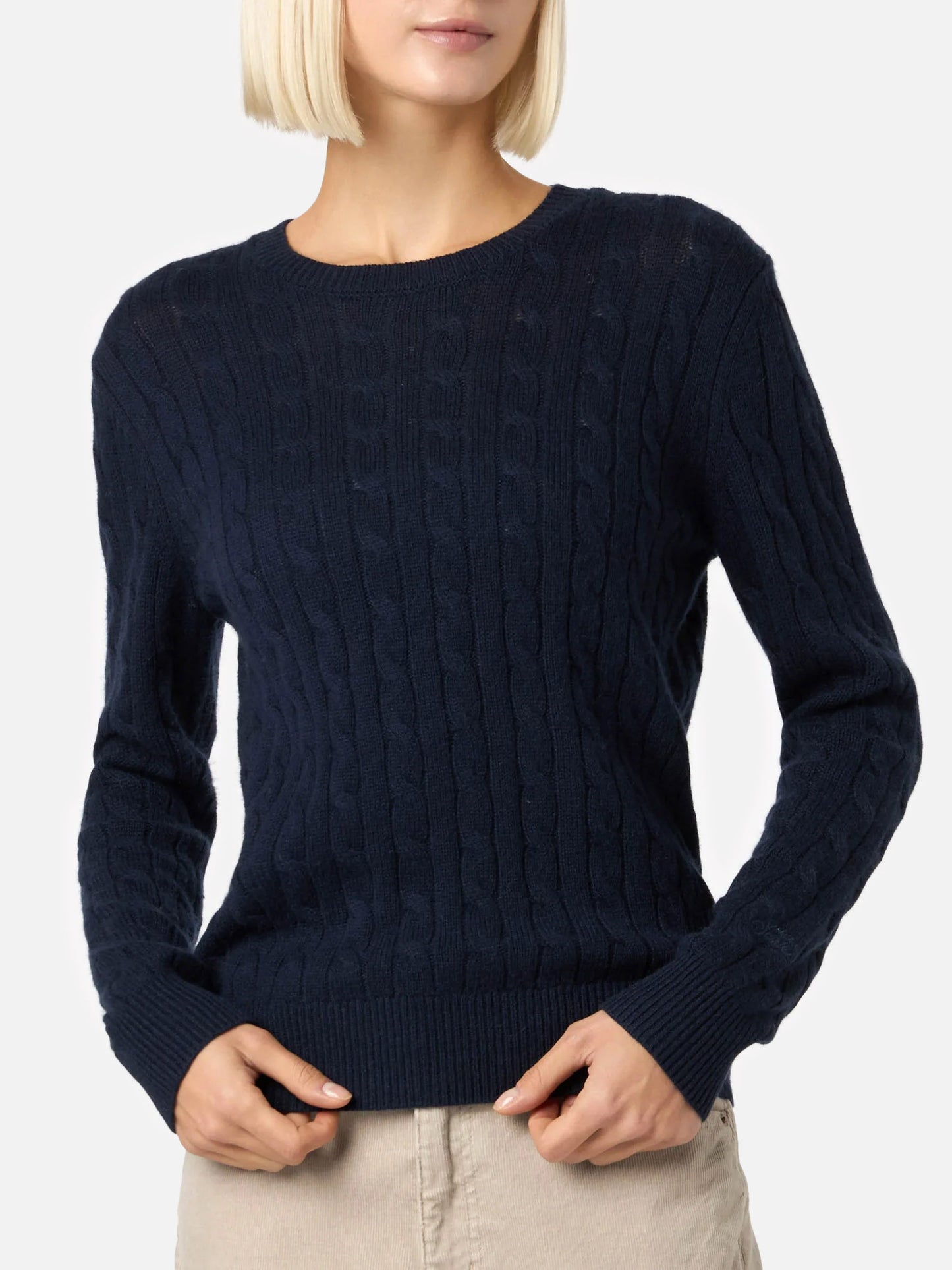 Marineblauer Pullover Sorbonne aus Kaschmirmischung mit Zopfmuster für Damen