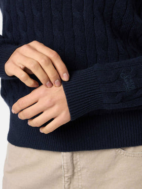 Marineblauer Pullover Sorbonne aus Kaschmirmischung mit Zopfmuster für Damen