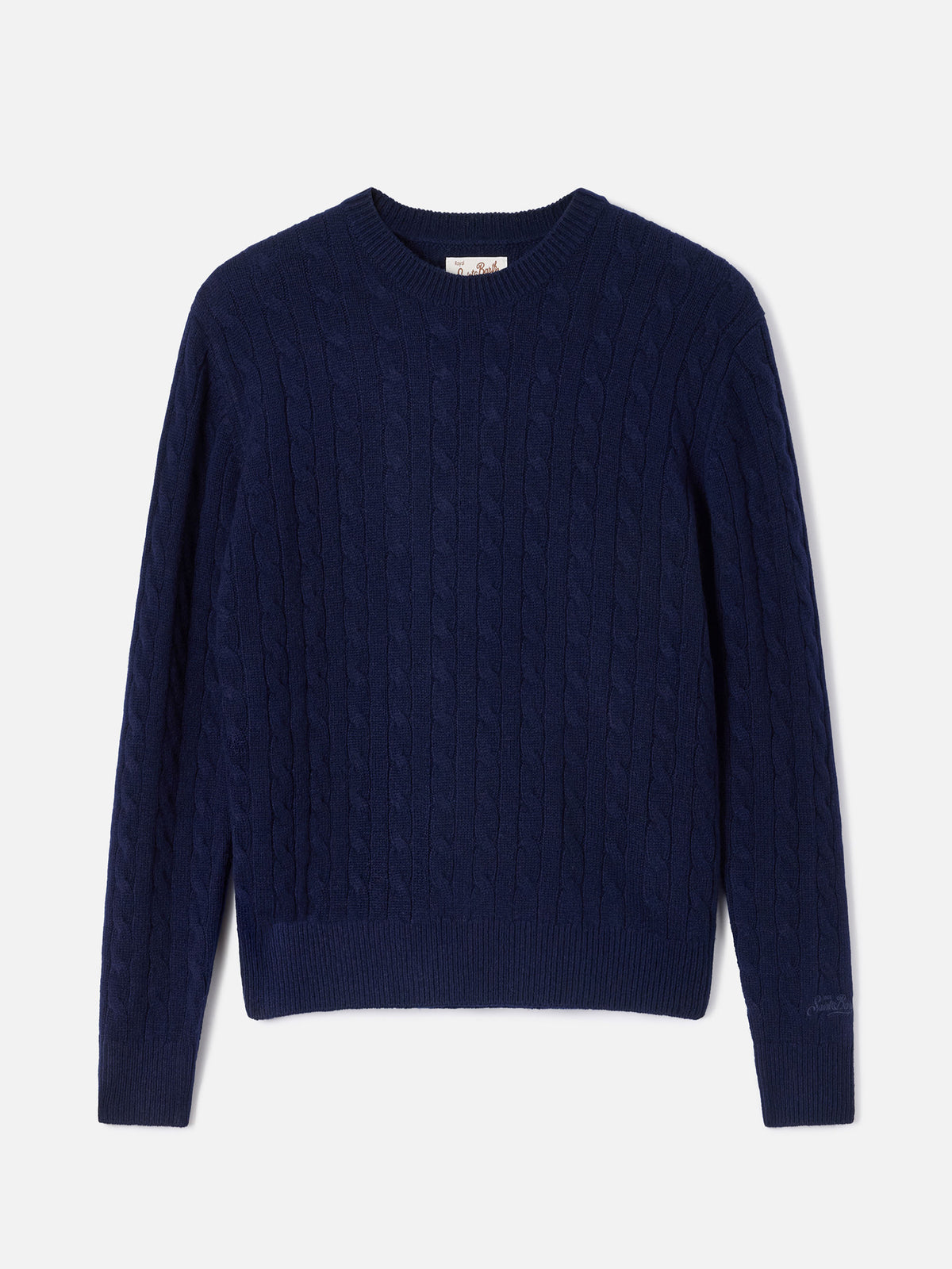 Jersey de punto de cuello redondo Night blue Sorbonne en lana con punto trenzado 