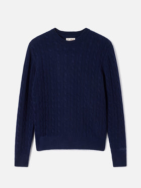 Jersey de punto de cuello redondo Night blue Sorbonne en lana con punto trenzado 