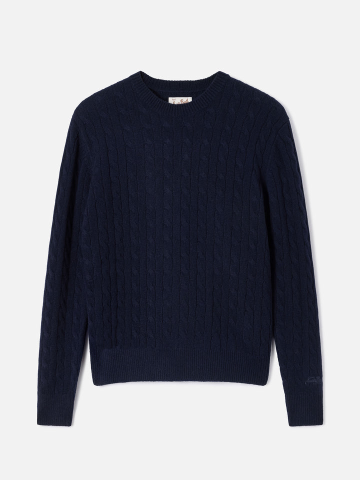 Pull en laine ras du cou Night blue Sorbonne avec point torsadé 