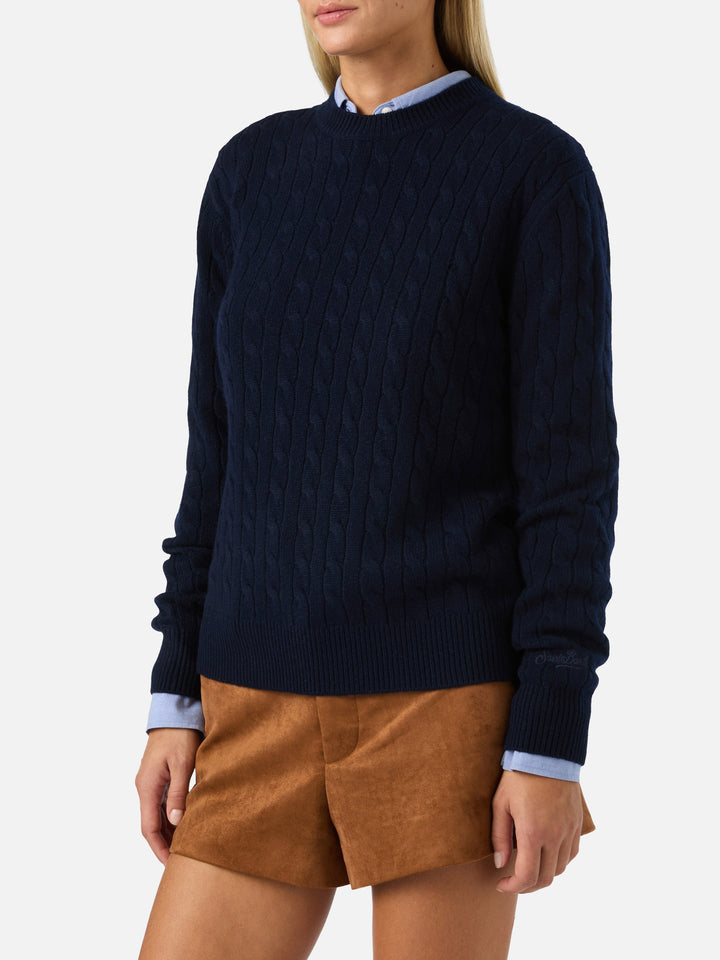 Pull en laine ras du cou Night blue Sorbonne avec point torsadé 