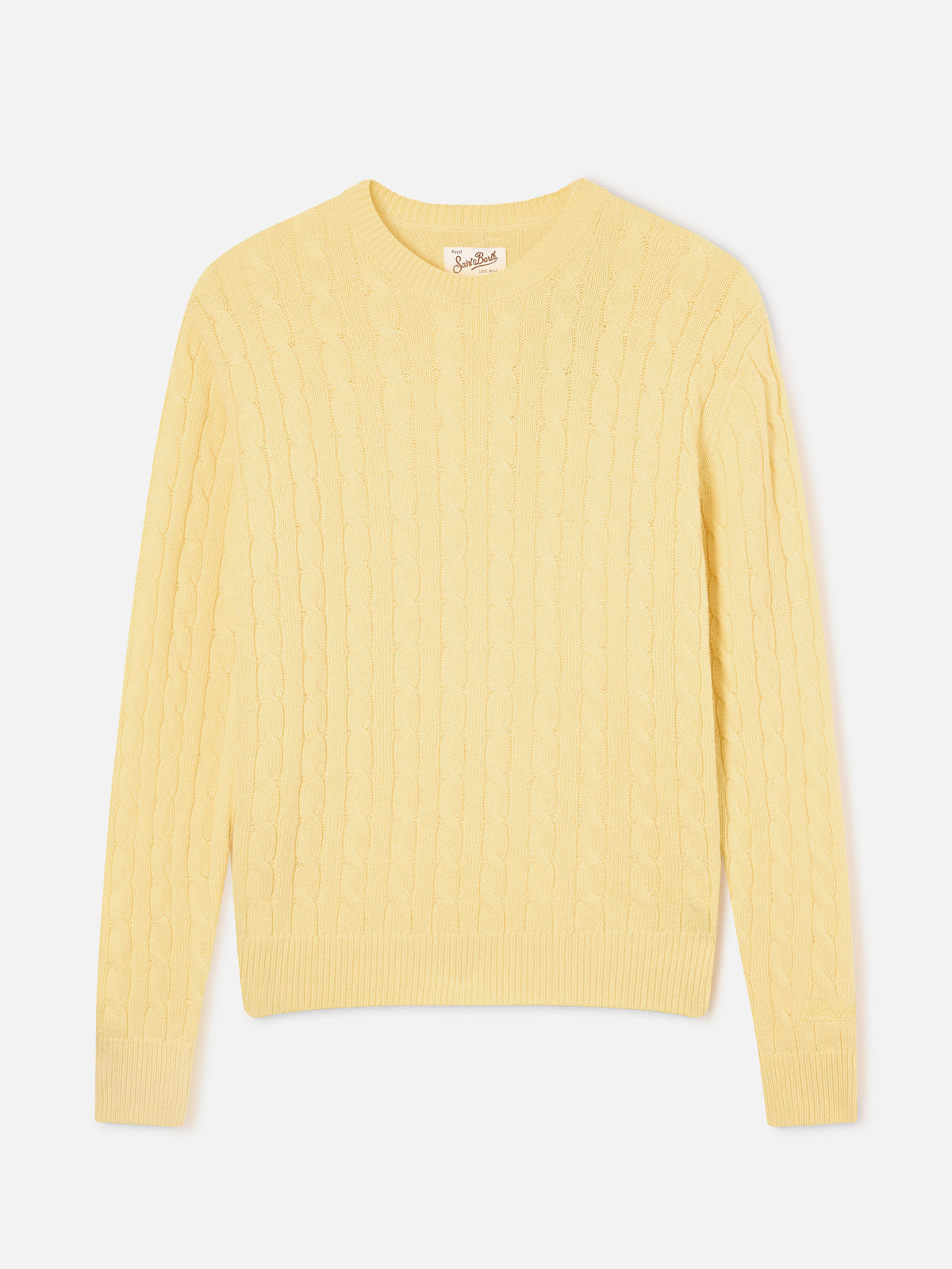 Maglia girocollo Sorbonne giallo chiaro in lana con punto a trecce