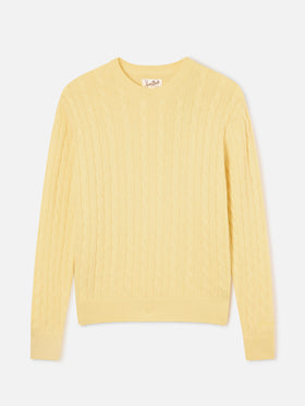 Maglia girocollo Sorbonne giallo chiaro in lana con punto a trecce