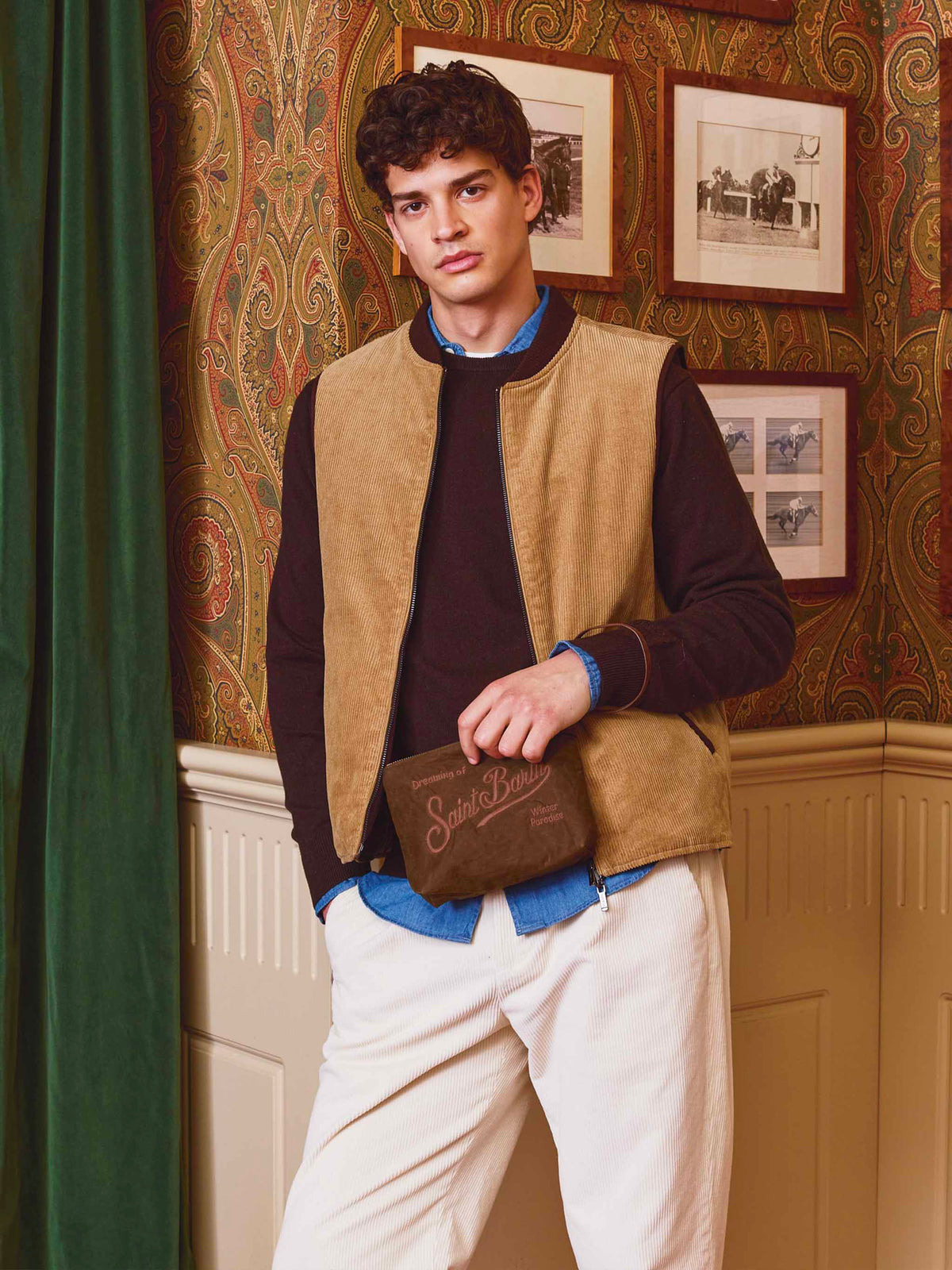 Gilet réversible Spencer en velours côtelé beige avec intérieur marron 