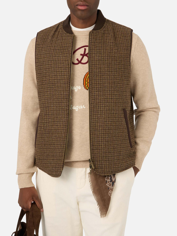 Gilet réversible Spencer en laine marron avec motif pied-de-poule 