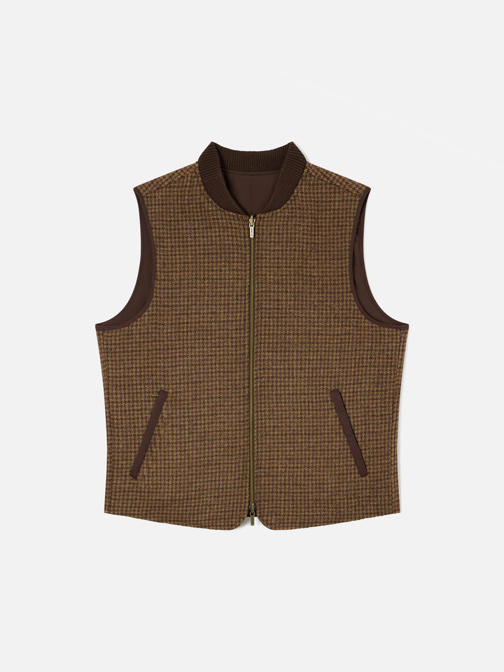 Chaleco reversible Spencer de lana marrón con motivo de pata de gallo 