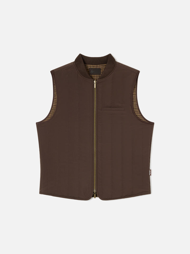 Chaleco reversible Spencer de lana marrón con motivo de pata de gallo 