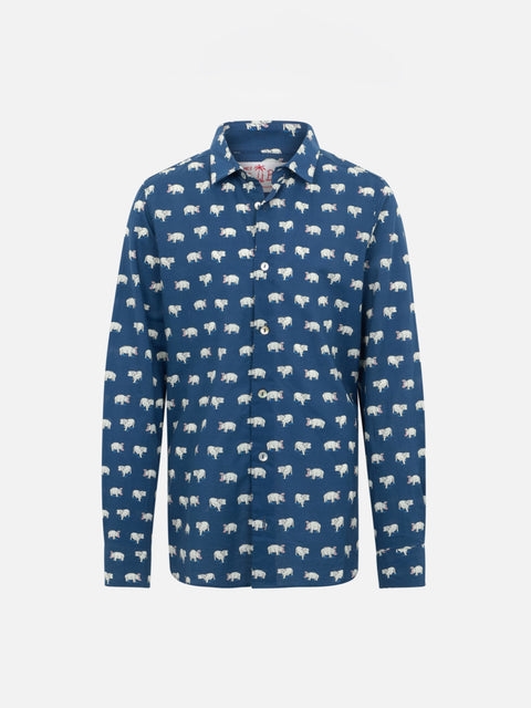 Blue Boy muslin cotton shirt Sharouk with micro hippo print - MC2 Saint Barth