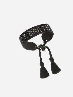 Bracciale in tessuto con lettering St. Barth in perline nere