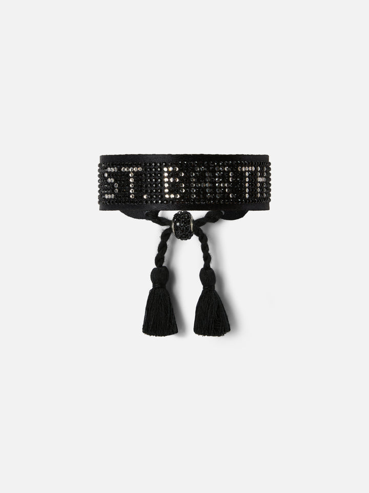 Black fabric bracelet with St. Barth beaded lettering