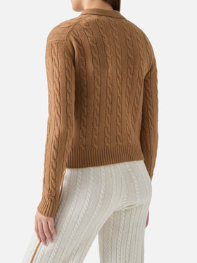 Savoy soft-touch cable-knit merino wool polo sweater in camel