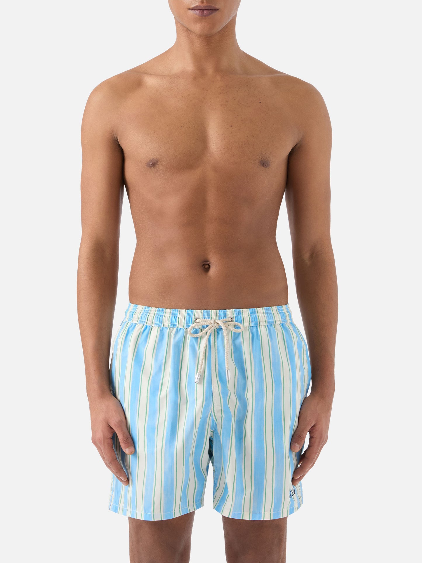 Syros swim shorts with light blue striped pattern and logo embroidery