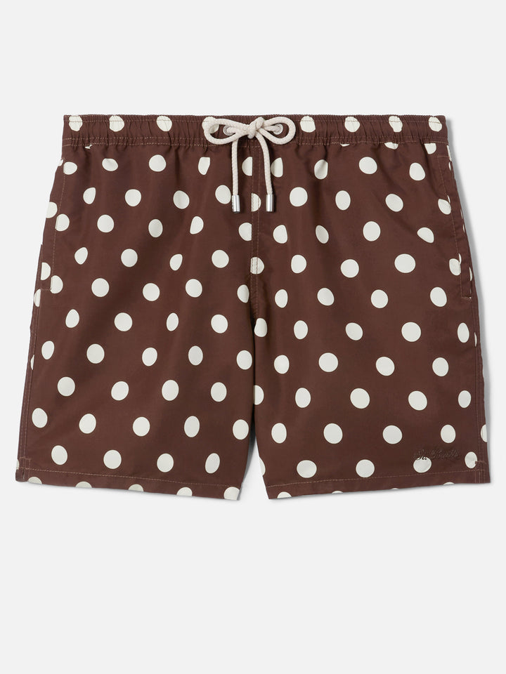 Costume mare Syros marrone con ricamo pois a contrasto
