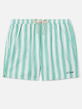 Syros swim shorts with green striped pattern and logo embroidery