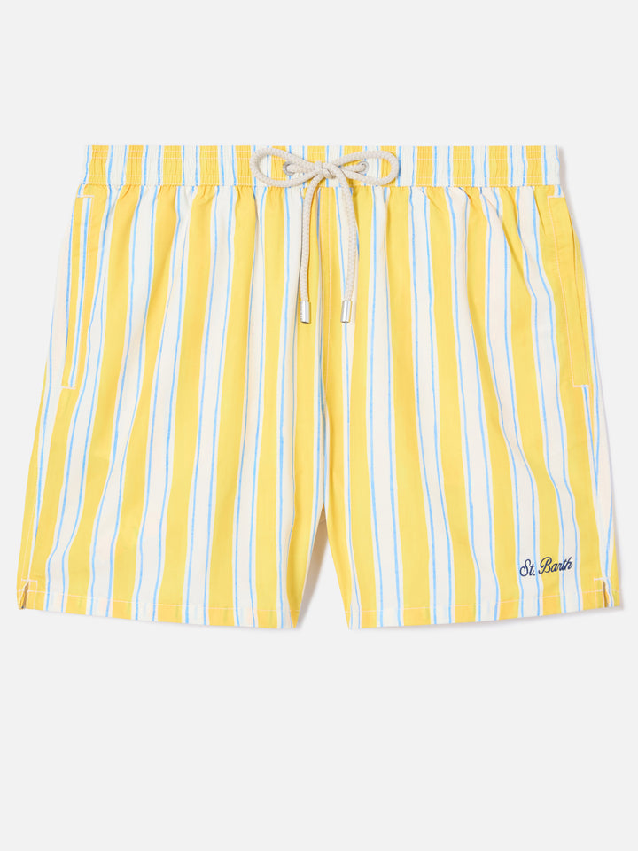 Syros swim shorts with yellow striped pattern and logo embroidery