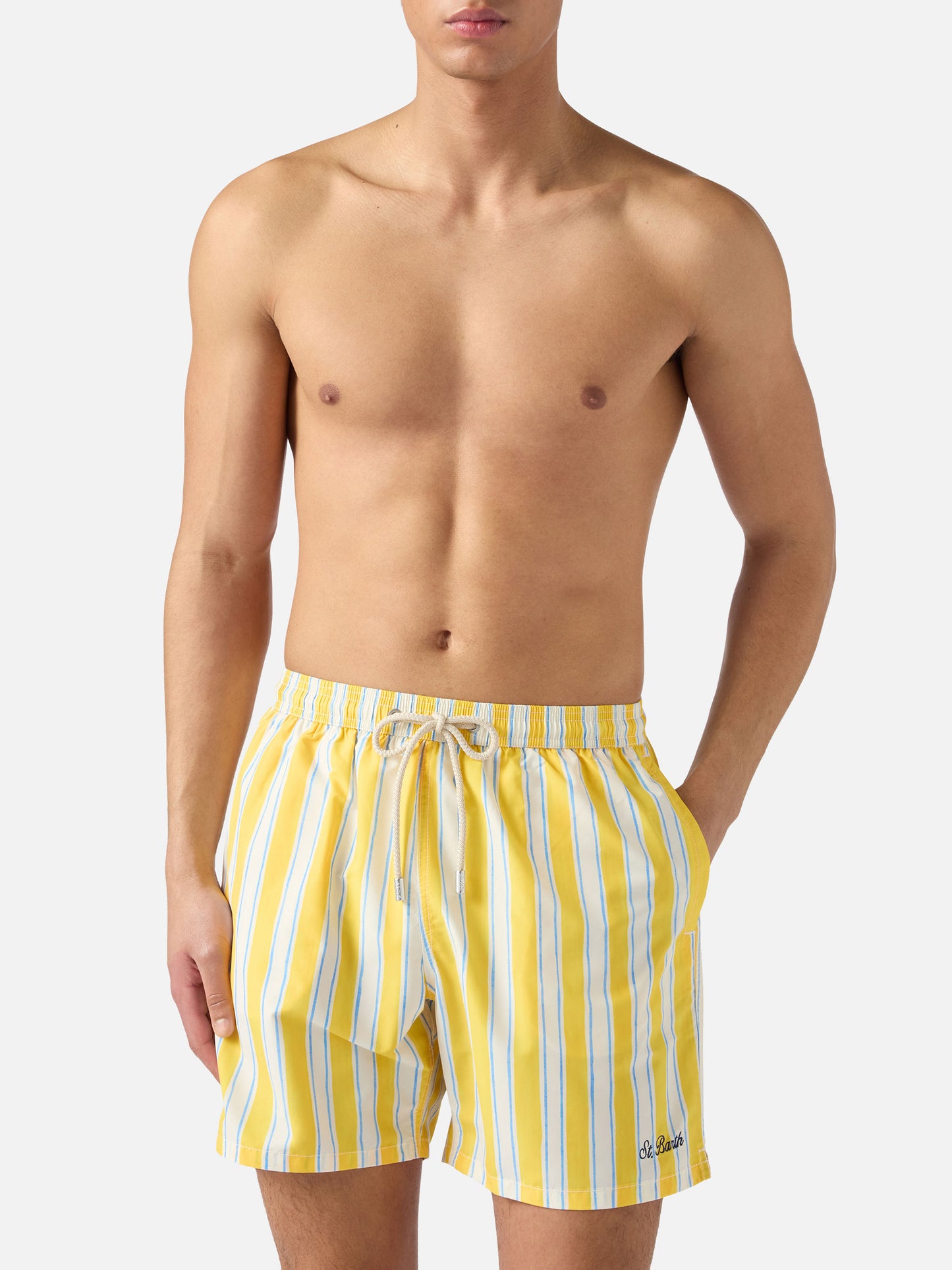 Bañador Syros con estampado de rayas amarillas y bordado con logotipo 