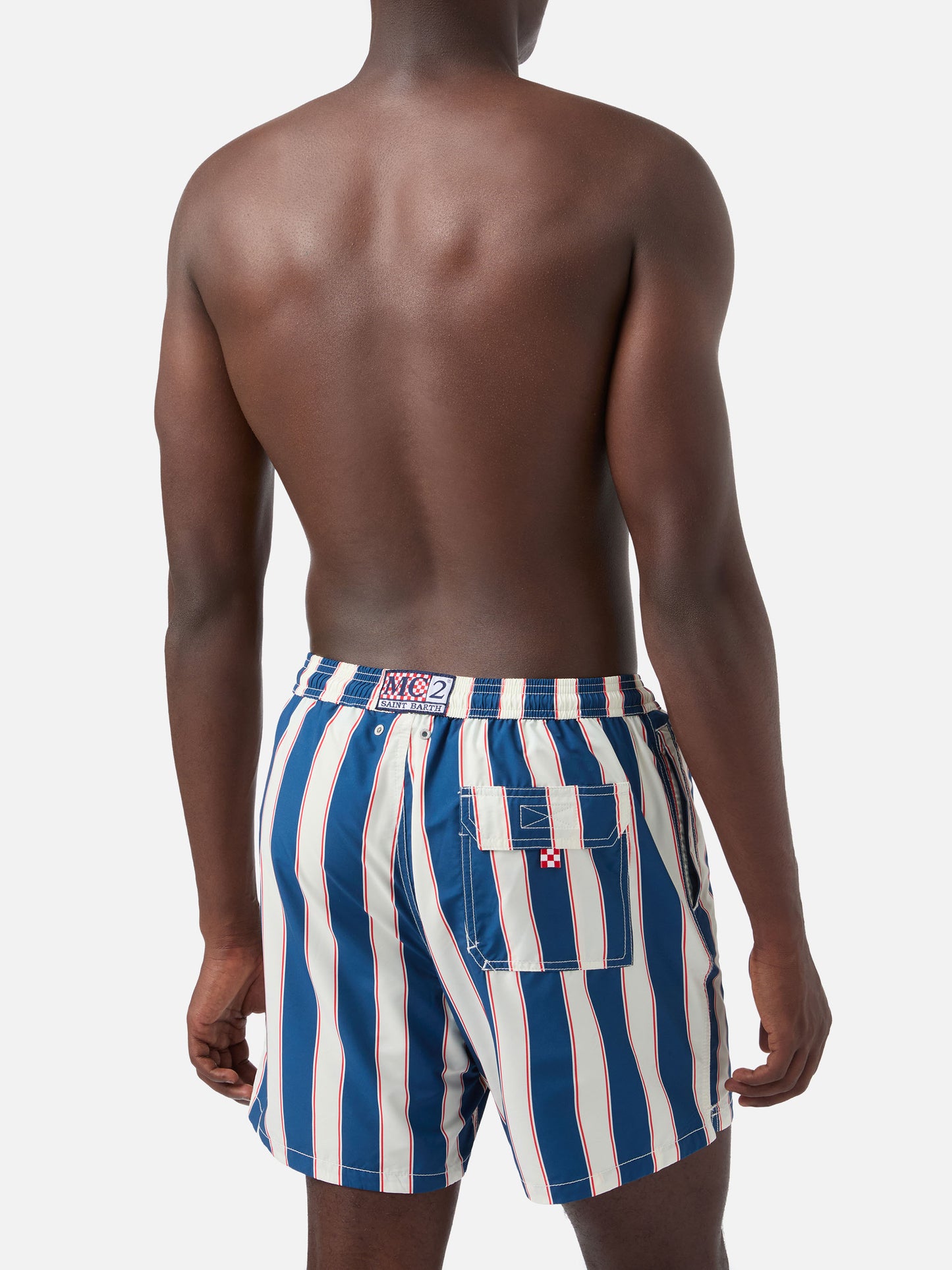 Syros swim shorts with blue striped pattern and logo embroidery