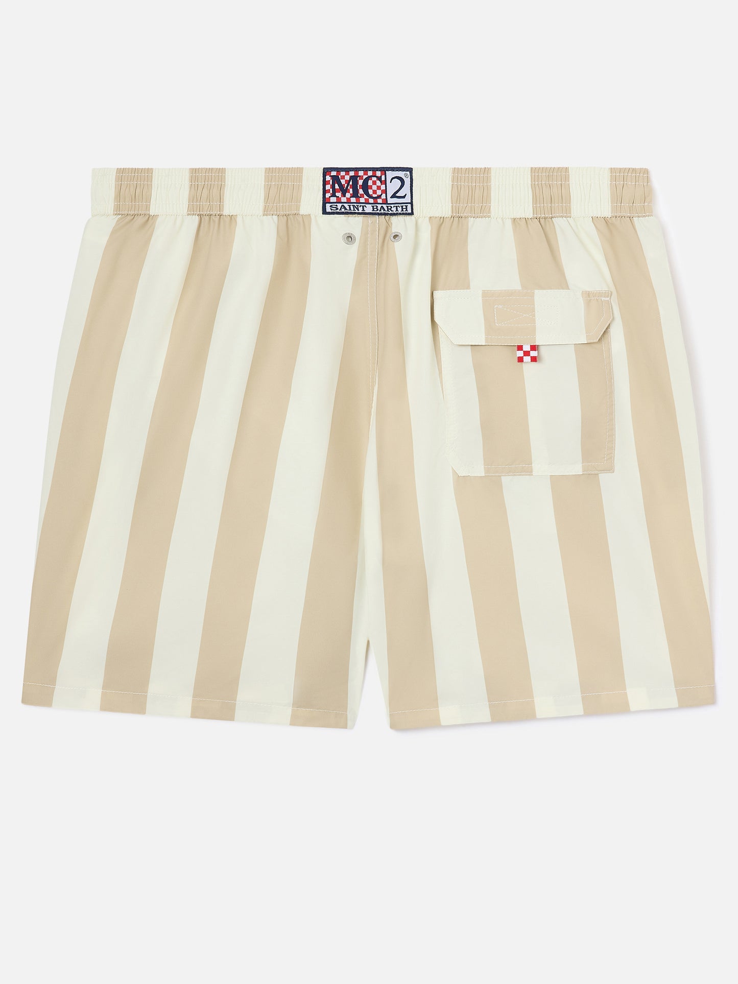 Syros-Badeshorts mit weiß-beigem Streifenprint 