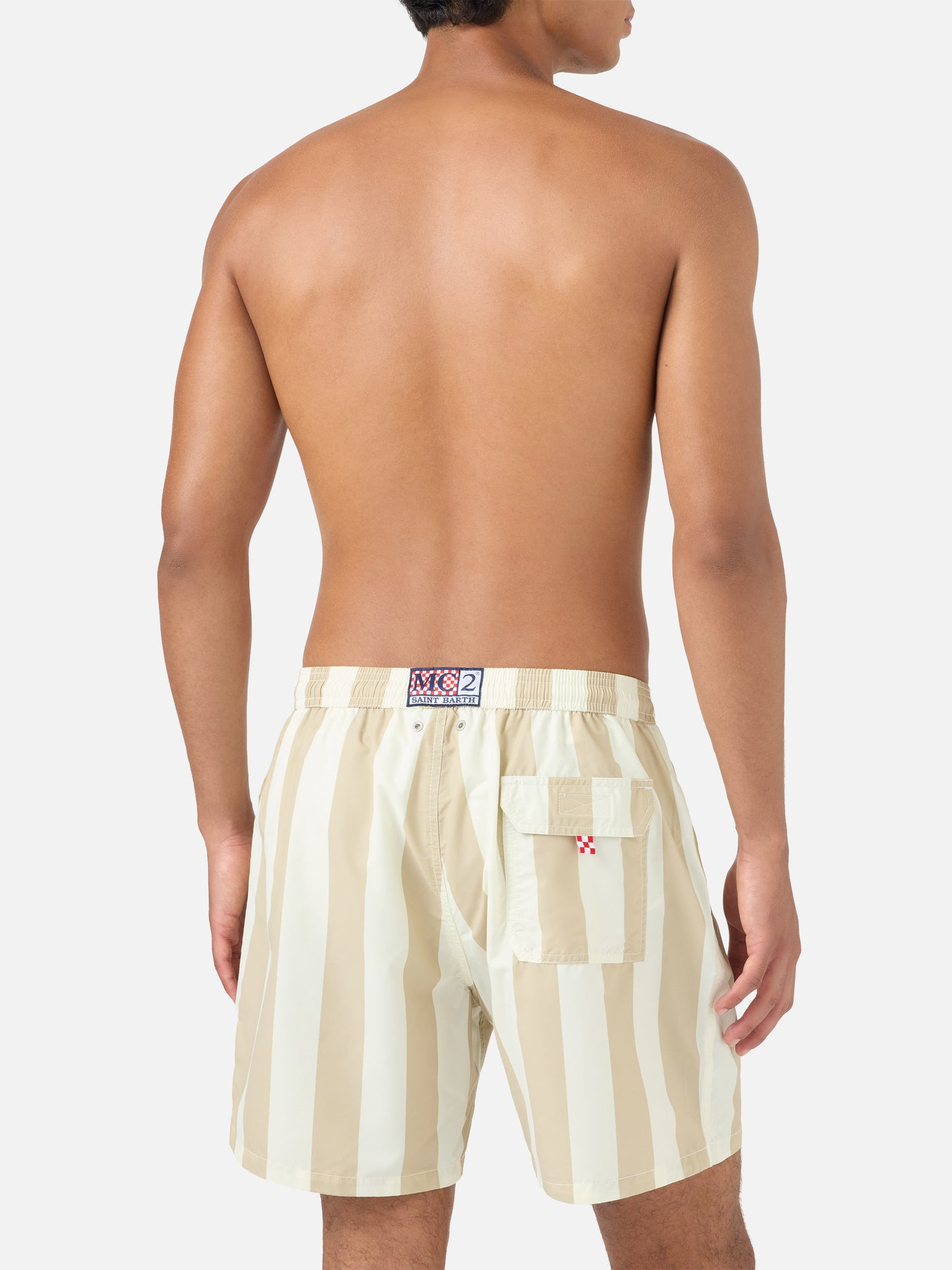 Bañador corto Syros con estampado de rayas blancas y beige 