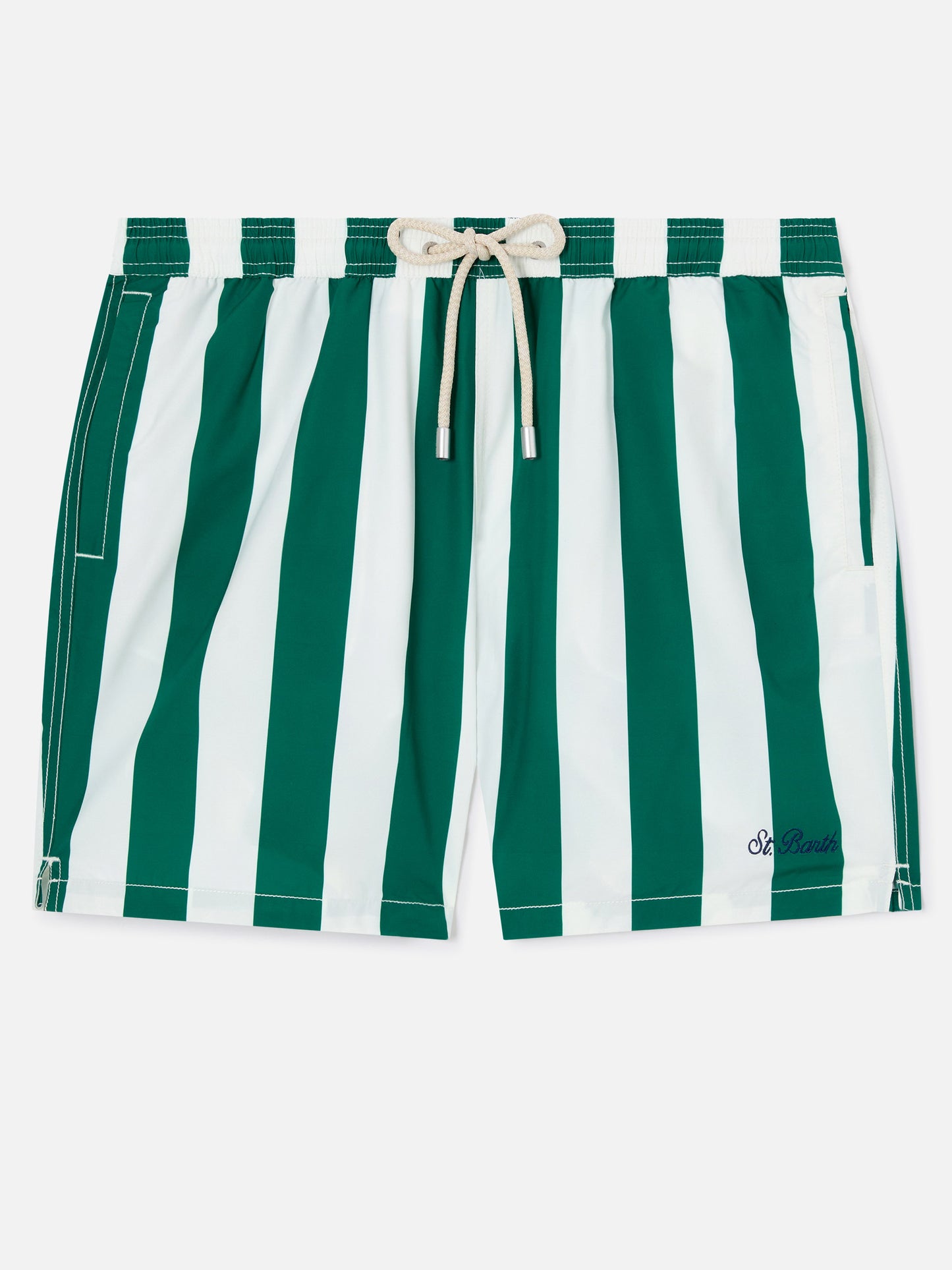 Syros swim shorts with white and British green striped print